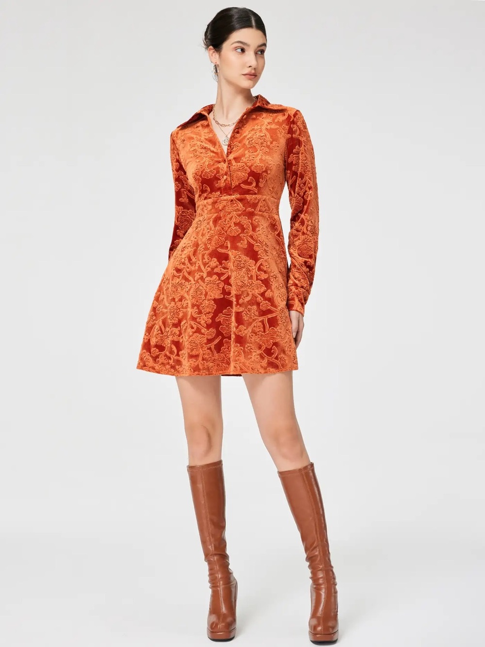 CIDER Orange Velvet Jacquard Floral Fall Halloween Long Sleeve Collar Mini Dress